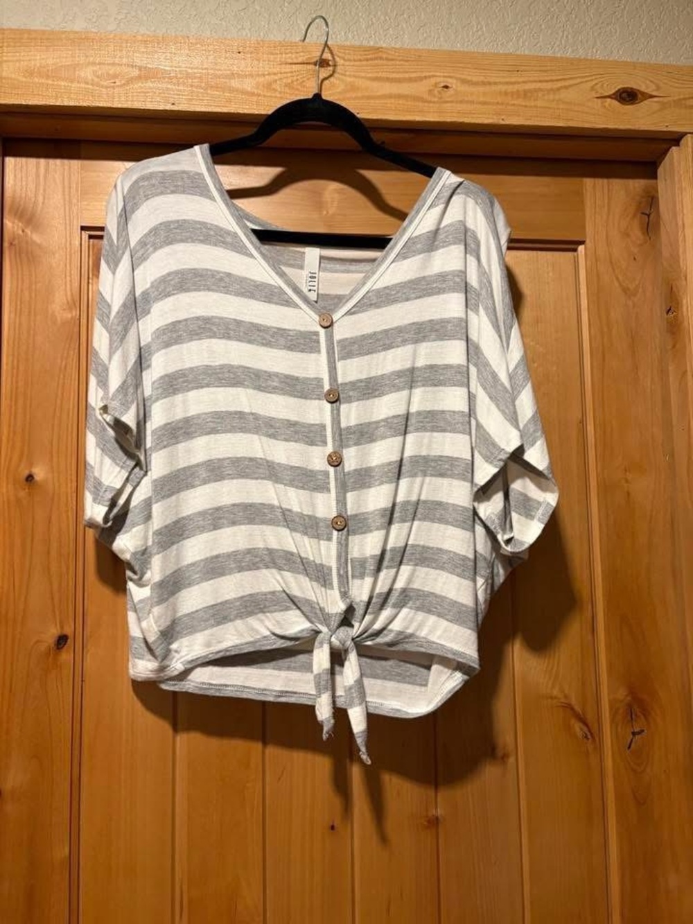 Striped Tie-Front V-Neck Top in Gray and White